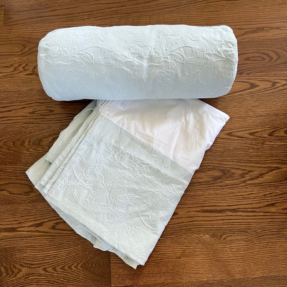 pottery barn matelasse jaquard bed skirt and pillow.